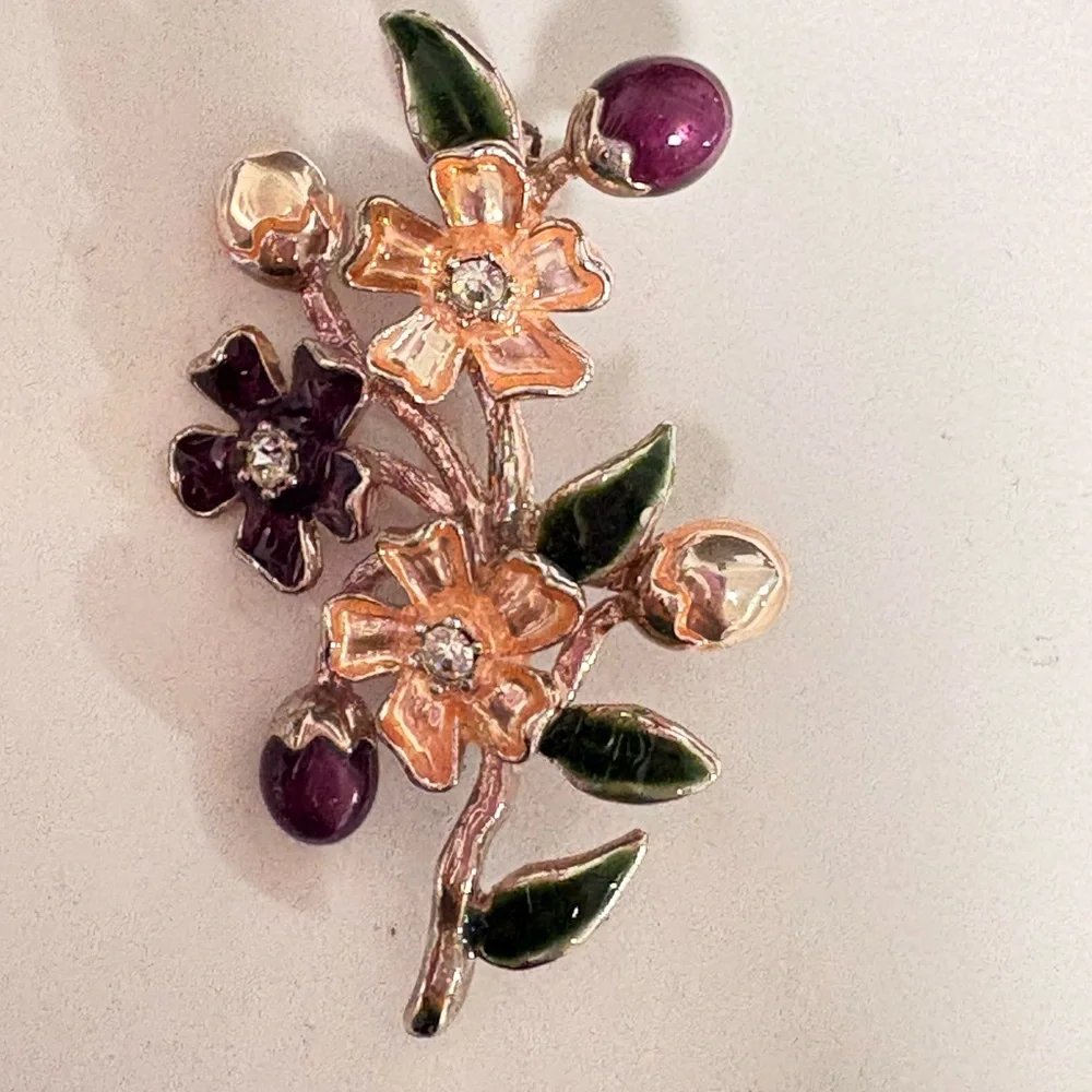 Vintage signed Floral Enamel Brooch with Purple and Green Accents